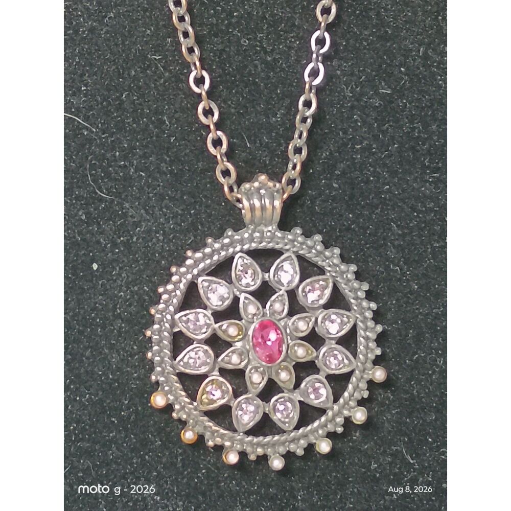 Boho Pink Cabochon & Faux Pearl Medallion Statement Pendant Necklace